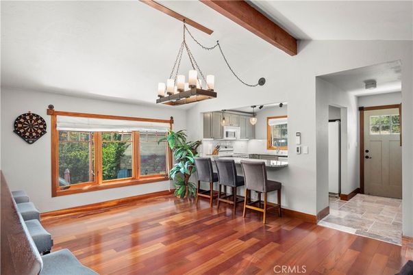 Chandelier, Interior, Kitchen, Pendant Lights, Wooden Beams, Wood Texture Flooring