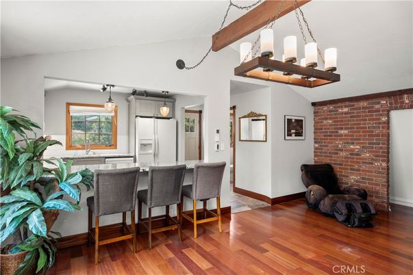 Interior, Kitchen, Pendant Lights, Stone Walls, Wooden Beams, Wood Texture Flooring