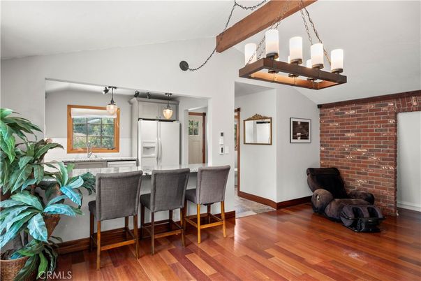 Interior, Kitchen, Pendant Lights, Stone Walls, Wooden Beams, Wood Texture Flooring