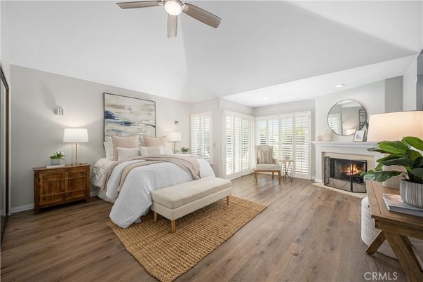 Bedroom, Fireplace, Interior, Recessed Lighting, Wood Texture Flooring