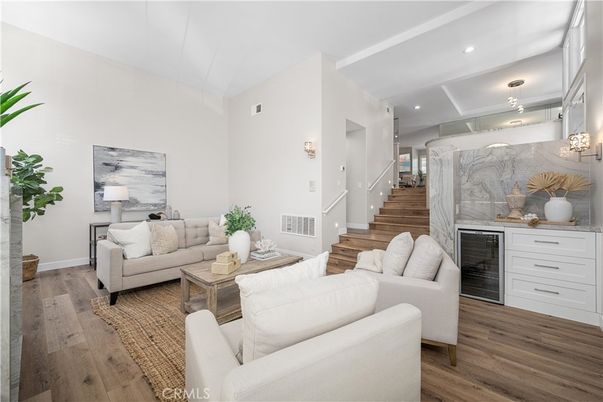 Interior, Living room, Marble Walls, Recessed Lighting, Wood Texture Flooring
