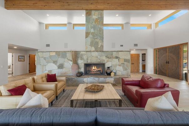Fireplace, Interior, Living room, Recessed Lighting, Stone Walls, Wooden Beams