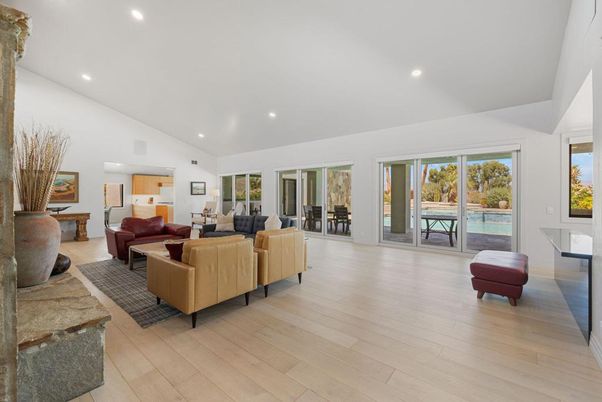 Dining room, Interior, Living room, Recessed Lighting, Wood Texture Flooring