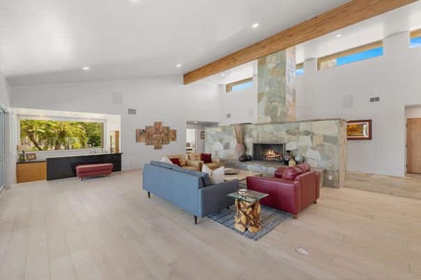 Fireplace, Interior, Living room, Recessed Lighting, Wooden Beams, Wood Texture Flooring