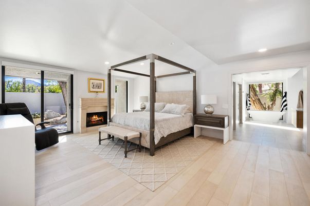 Bedroom, Fireplace, Interior, Recessed Lighting, Wood Texture Flooring