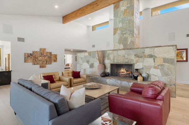 Fireplace, Interior, Living room, Recessed Lighting, Stone Walls, Wooden Beams, Wood Texture Flooring