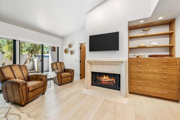 Fireplace, Interior, Recessed Lighting, Wood Texture Flooring