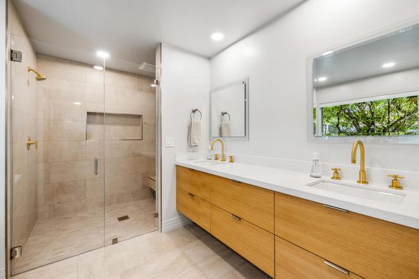 Bathroom, Dual Sink Vanities, Glass Shower, Interior, Recessed Lighting