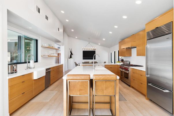 Interior, Kitchen, Pendant Lights, Recessed Lighting, Stainless Steel Appliances, Wood Texture Flooring