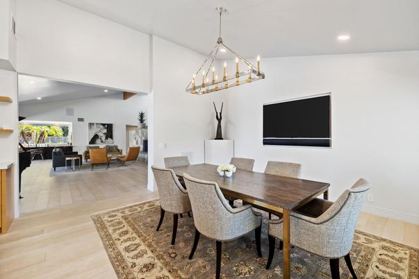 Dining room, Fireplace, Interior, Living room, Pendant Lights, Recessed Lighting, Wood Texture Flooring