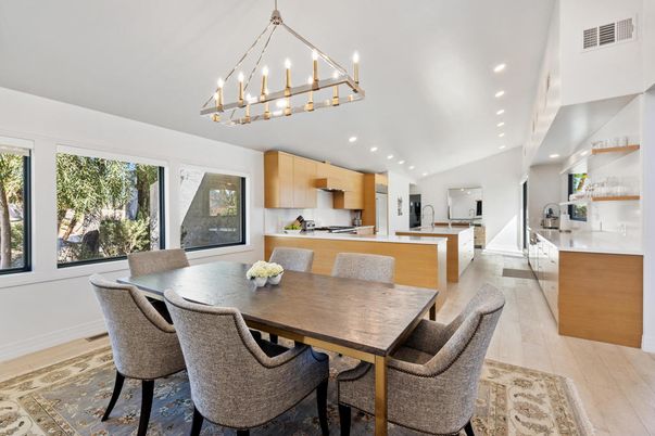 Dining room, Interior, Kitchen, Pendant Lights, Recessed Lighting, Wood Texture Flooring