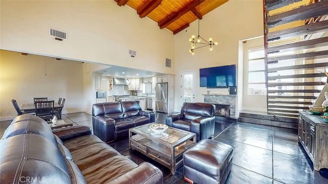Dining room, Fireplace, Interior, Kitchen, Living room, Pendant Lights, Recessed Lighting, Stainless Steel Appliances, Wooden Beams, Wooden Ceilings