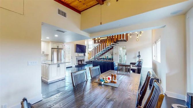 Dining room, Fireplace, Interior, Kitchen, Pendant Lights, Recessed Lighting, Stainless Steel Appliances, Wooden Beams, Wooden Ceilings, Wood Texture Flooring