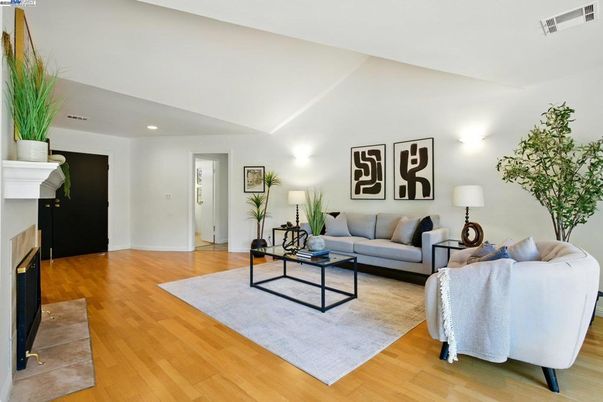 Fireplace, Interior, Living room, Recessed Lighting, Wood Texture Flooring