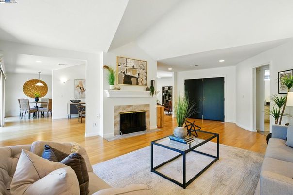 Dining room, Fireplace, Interior, Living room, Pendant Lights, Recessed Lighting, Wood Texture Flooring