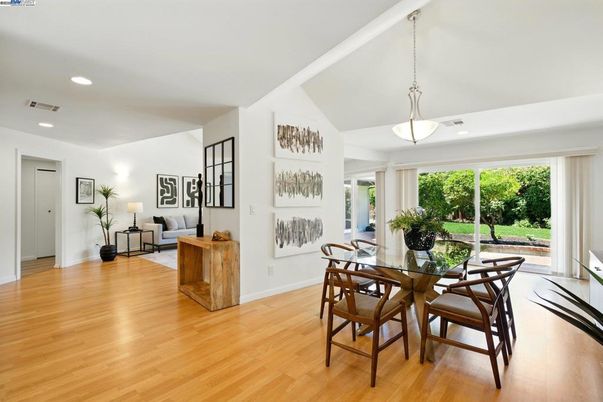 Dining room, Interior, Pendant Lights, Recessed Lighting, Wood Texture Flooring