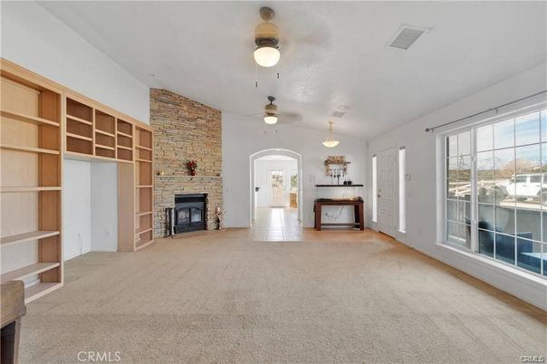 Empty room, Fireplace, Interior, Pendant Lights, Stone Walls