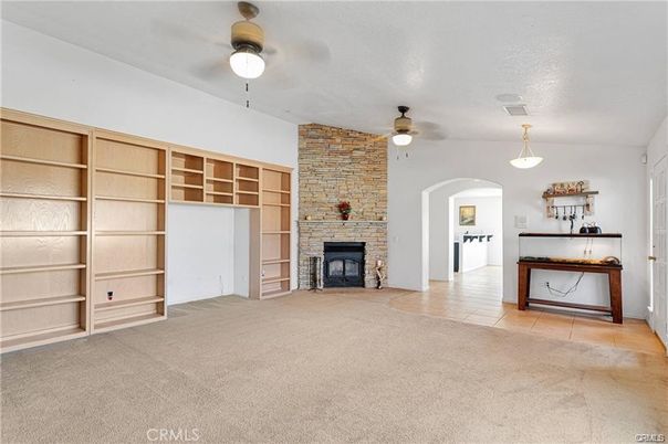 Empty room, Fireplace, Interior, Pendant Lights, Stone Walls