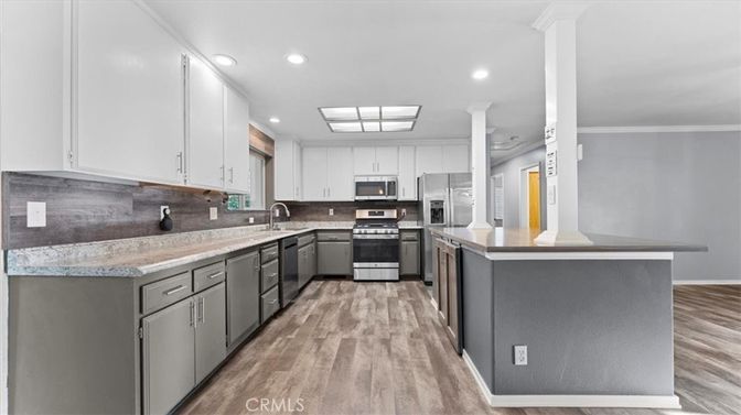 Interior, Kitchen, Recessed Lighting, Stainless Steel Appliances, Wood Texture Flooring