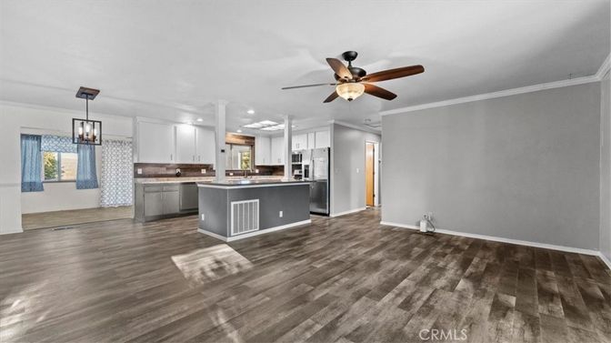 Chandelier, Empty room, Interior, Kitchen, Pendant Lights, Recessed Lighting, Wood Texture Flooring