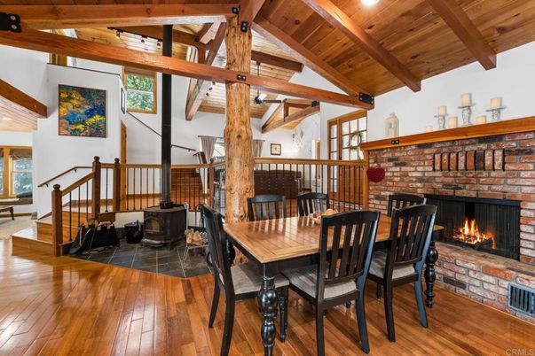 Dining room, Fireplace, Interior, Wooden Beams, Wooden Ceilings, Wood Texture Flooring