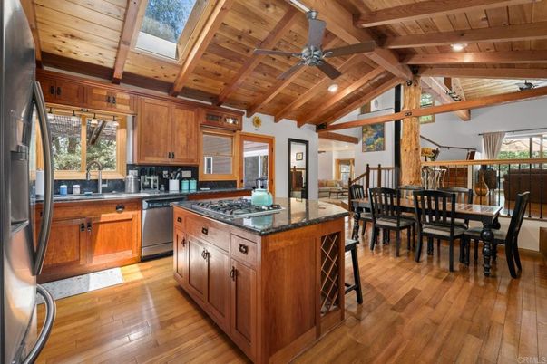 Dining room, Interior, Kitchen, Recessed Lighting, Stainless Steel Appliances, Wooden Beams, Wooden Ceilings, Wood Texture Flooring