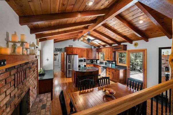 Dining room, Fireplace, Interior, Kitchen, Stainless Steel Appliances, Wooden Beams, Wooden Ceilings, Wood Texture Flooring