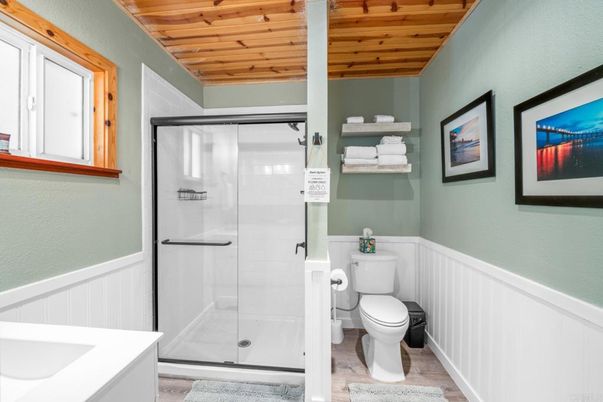 Bathroom, Glass Shower, Interior, Wooden Ceilings, Wood Texture Flooring
