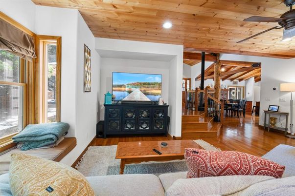 Dining room, Interior, Living room, Recessed Lighting, Wooden Beams, Wooden Ceilings, Wood Texture Flooring