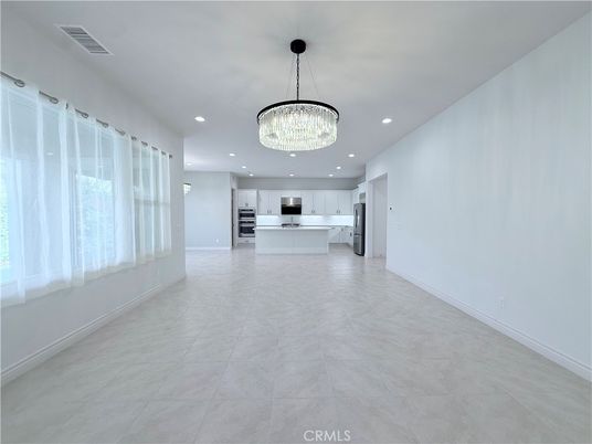 Chandelier, Empty room, Interior, Kitchen, Recessed Lighting, Stainless Steel Appliances