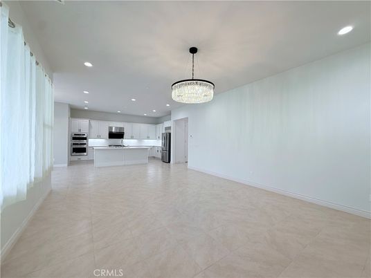 Chandelier, Empty room, Interior, Kitchen, Recessed Lighting, Stainless Steel Appliances
