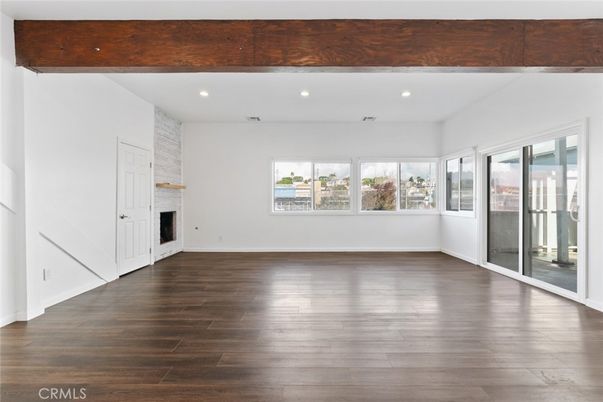 Empty room, Fireplace, Interior, Recessed Lighting, Wooden Beams, Wood Texture Flooring