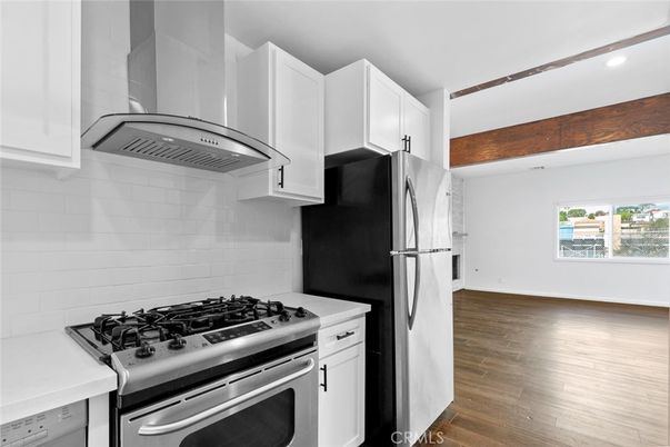 Interior, Kitchen, Recessed Lighting, Stainless Steel Appliances, Wooden Beams, Wood Texture Flooring