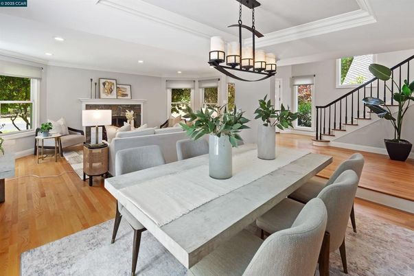 Chandelier, Dining room, Fireplace, Interior, Living room, Recessed Lighting, Wood Texture Flooring