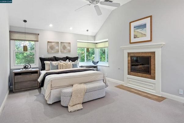Bedroom, Fireplace, Interior, Pendant Lights, Recessed Lighting