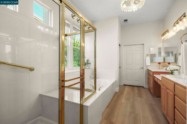 Bathroom, Glass Shower, Interior, Wood Texture Flooring