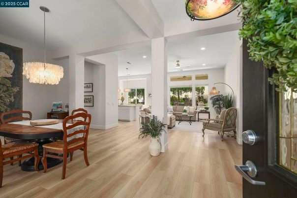 Chandelier, Dining room, Interior, Living room, Pendant Lights, Recessed Lighting, Wood Texture Flooring
