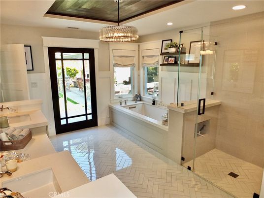 Bathroom, Chandelier, Glass Shower, Interior, Recessed Lighting