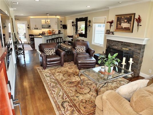 Dining room, Fireplace, Interior, Kitchen, Living room, Pendant Lights, Recessed Lighting, Wood Texture Flooring