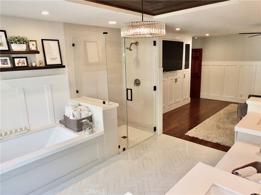 Bathroom, Chandelier, Glass Shower, Interior, Pendant Lights, Recessed Lighting, Wood Texture Flooring