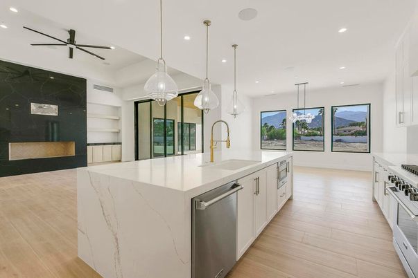 Fireplace, Interior, Kitchen, Pendant Lights, Recessed Lighting, Stainless Steel Appliances, Wood Texture Flooring