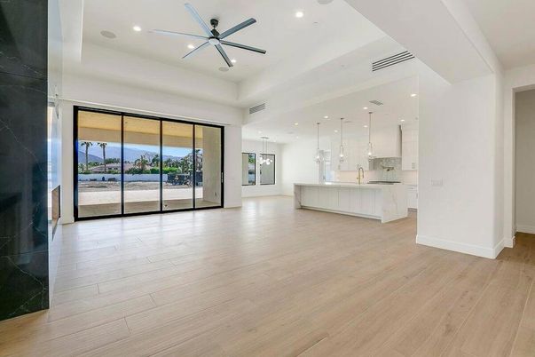Empty room, Interior, Kitchen, Pendant Lights, Recessed Lighting, Wood Texture Flooring