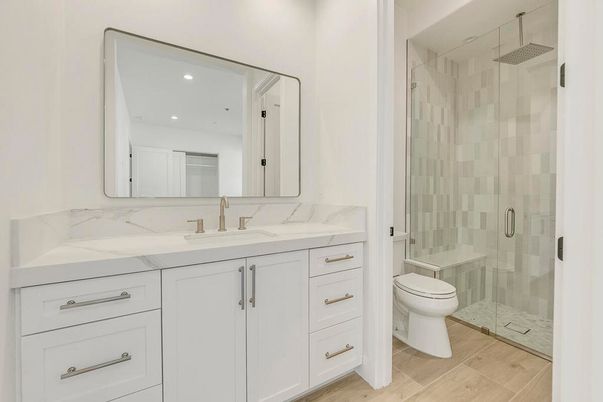 Bathroom, Glass Shower, Interior, Recessed Lighting, Wood Texture Flooring