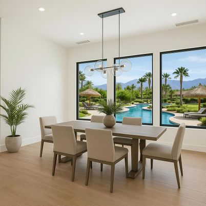 Dining room, Interior, Pendant Lights, Recessed Lighting, Wood Texture Flooring
