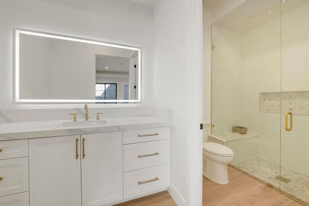 Bathroom, Glass Shower, Interior, Recessed Lighting, Wood Texture Flooring