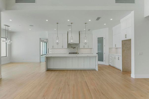 Interior, Kitchen, Pendant Lights, Recessed Lighting, Wood Texture Flooring