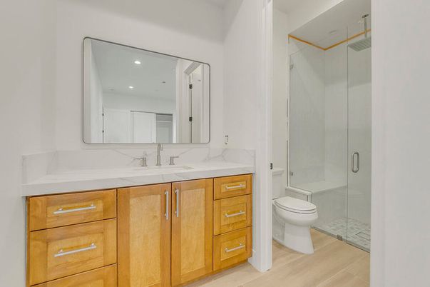 Bathroom, Glass Shower, Interior, Recessed Lighting, Wood Texture Flooring
