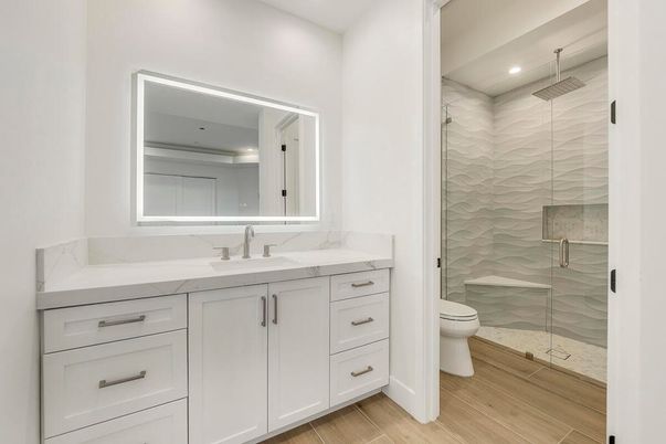 Bathroom, Glass Shower, Interior, Recessed Lighting, Wood Texture Flooring