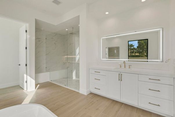 Bathroom, Glass Shower, Interior, Marble Walls, Recessed Lighting, Wood Texture Flooring