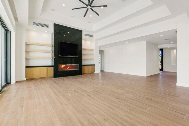 Empty room, Fireplace, Interior, Recessed Lighting, Wood Texture Flooring